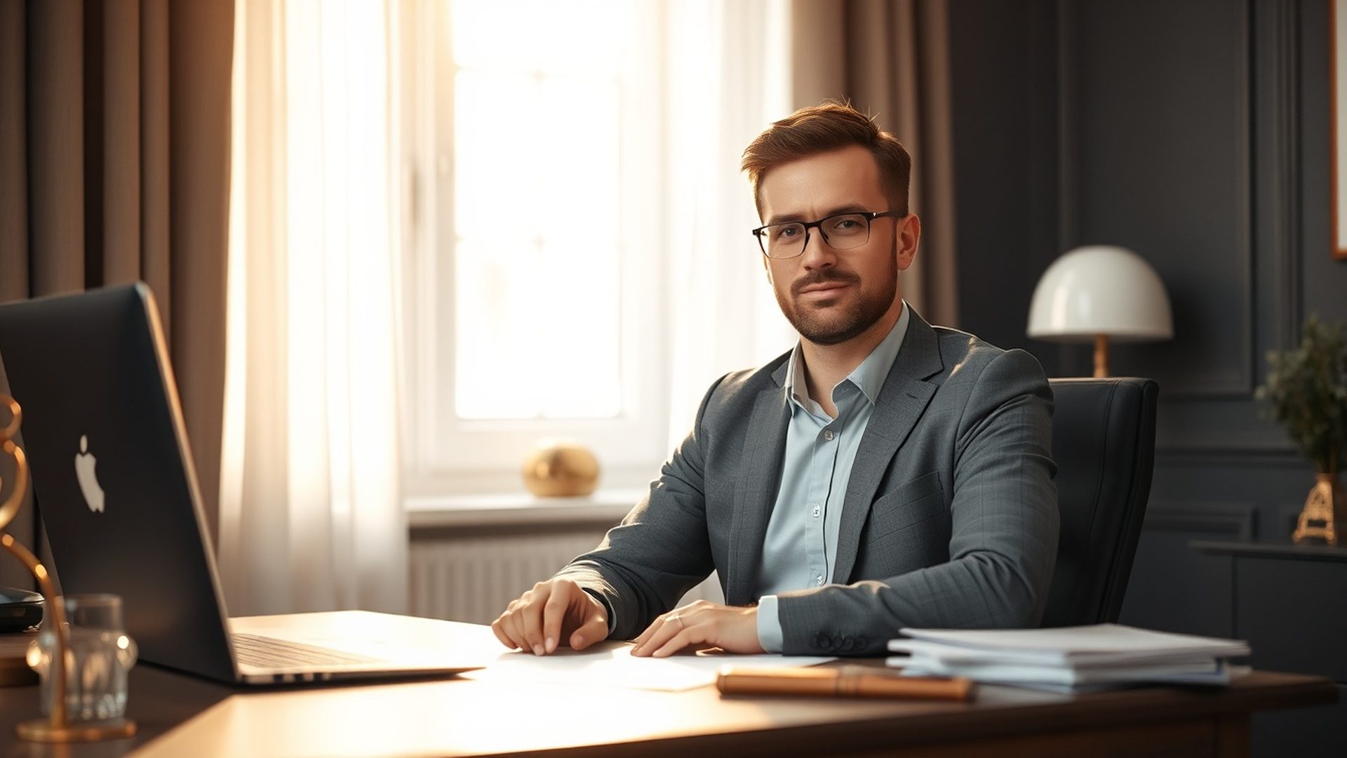 Portrét poradce Studia Novotný u pracovního stolu v tónech charcoal a zlaté