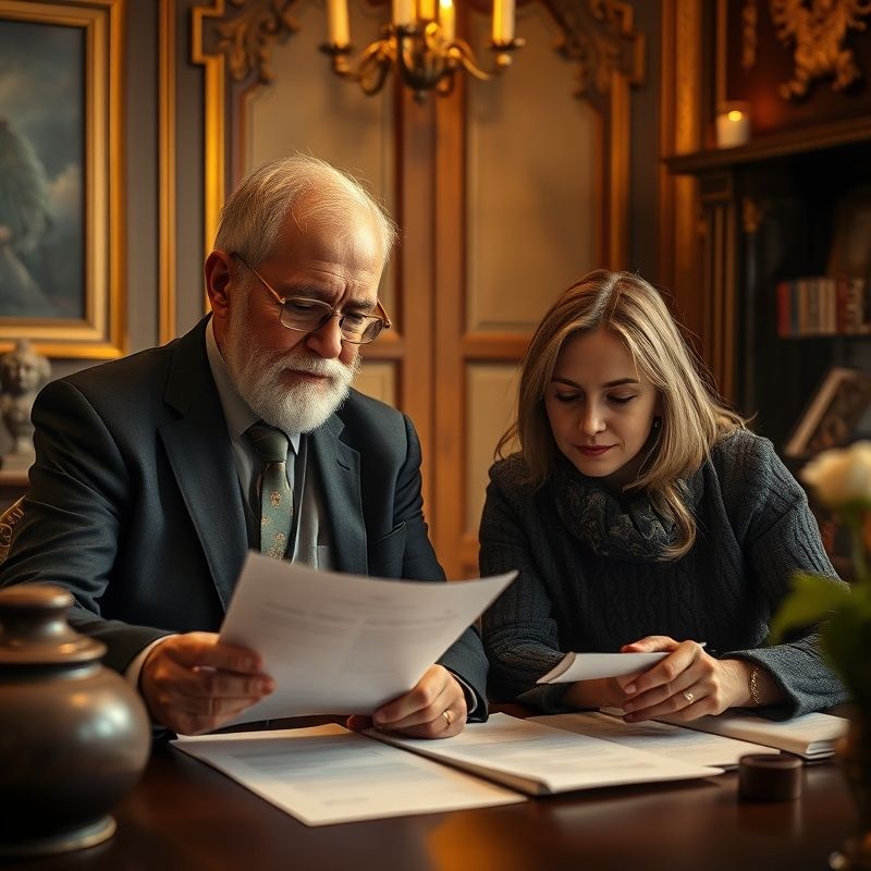 Starší muž s dospělou dcerou procházejí právní dokumenty v teple prosvětlené pracovně